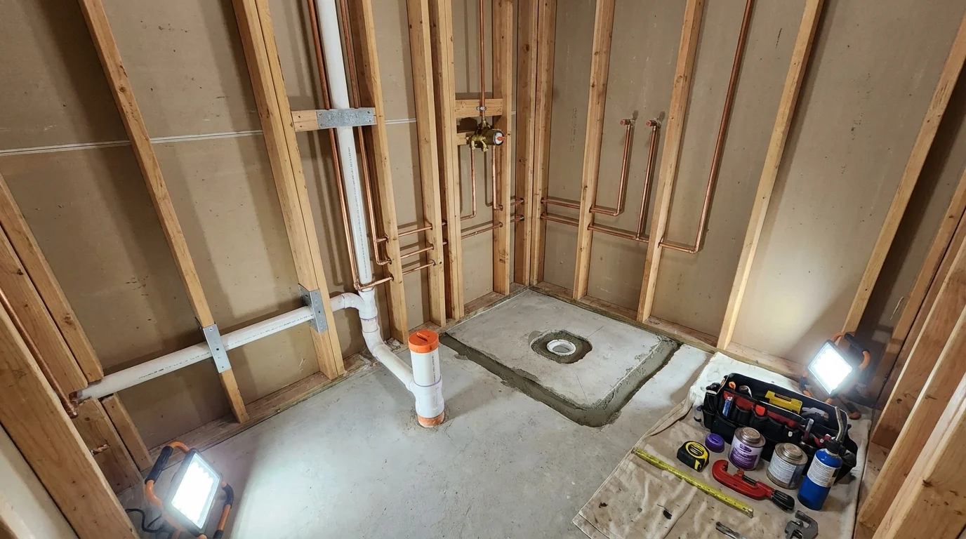 Bathroom rough-in plumbing during remodel by Johns Plumbing LLC in Morgan Hill