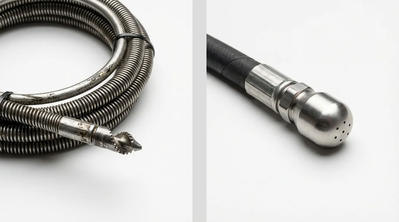 Drain snake cable and hydro jetting nozzle used for drain cleaning in Morgan Hill, CA