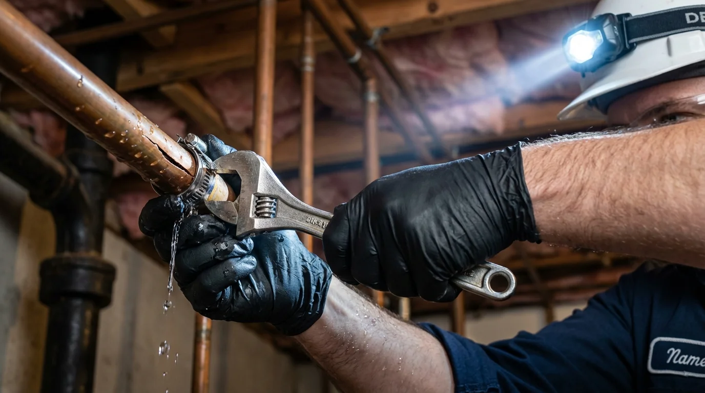 Emergency pipe clamp repair being performed by a Johns Plumbing LLC plumber in Morgan Hill
