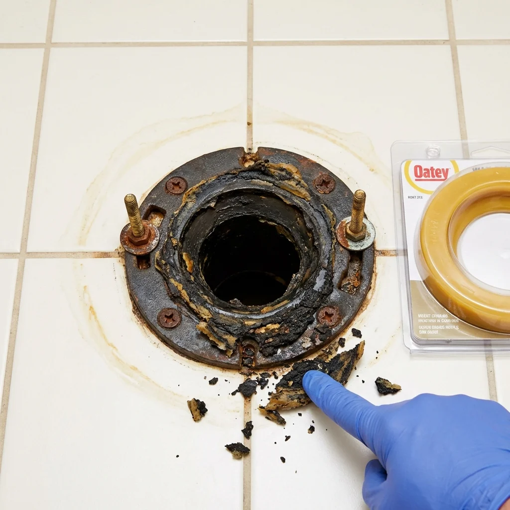 Failed wax ring showing water seepage at the base of a toilet in a Morgan Hill, CA home