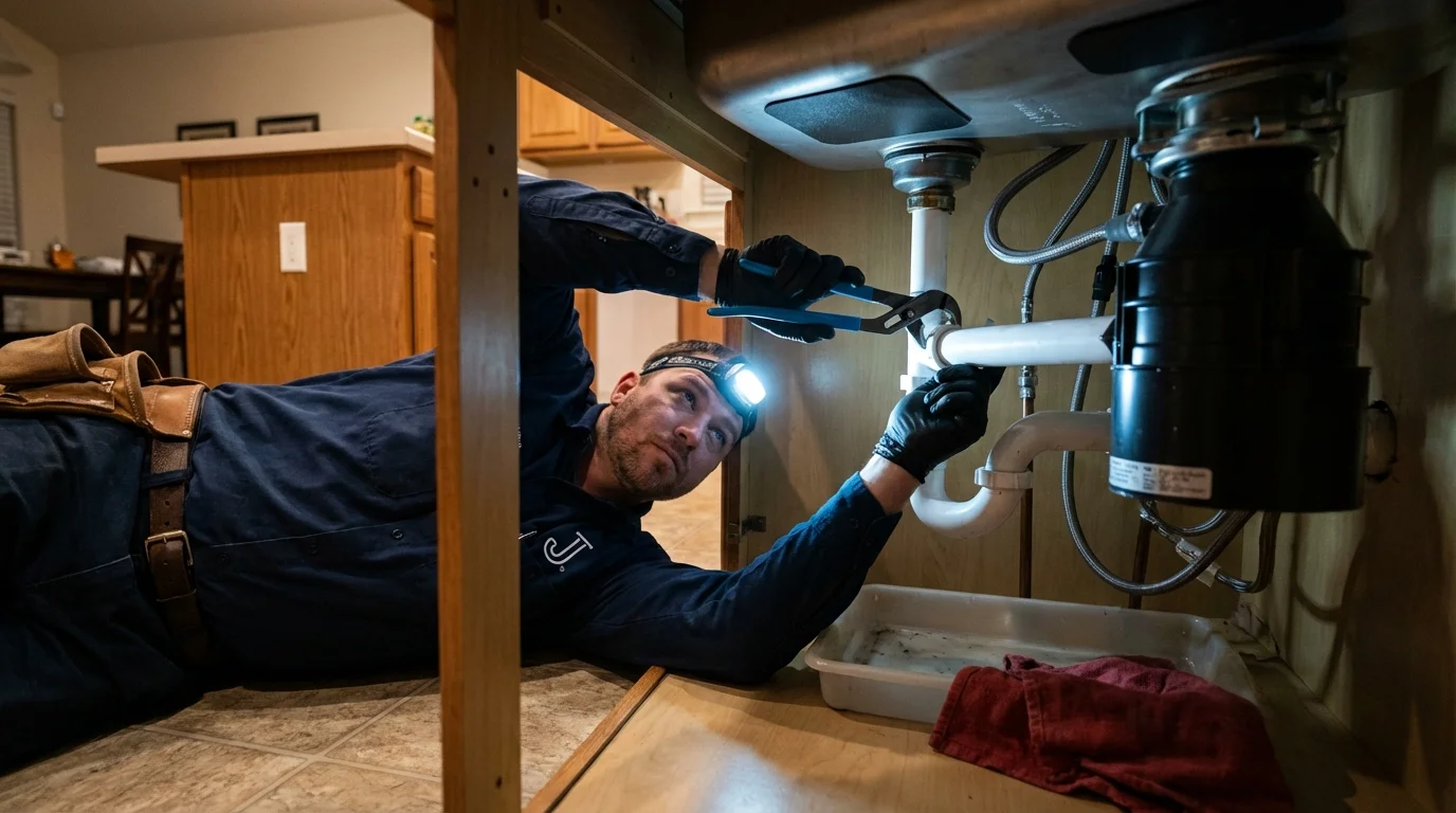 P-trap and supply line connections under a kitchen sink showing a common leak point in Morgan Hill, CA